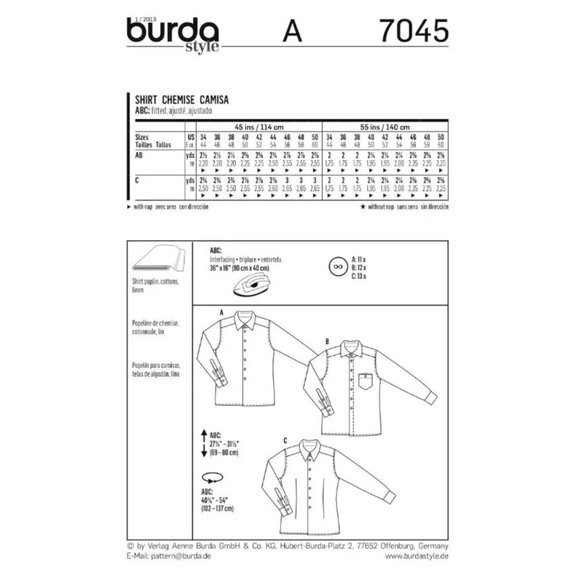 Burda Pattern 7045 Men’s Long Sleeve Work Casual Shirts Button Up Sizes 34-50 - Picture 2 of 3